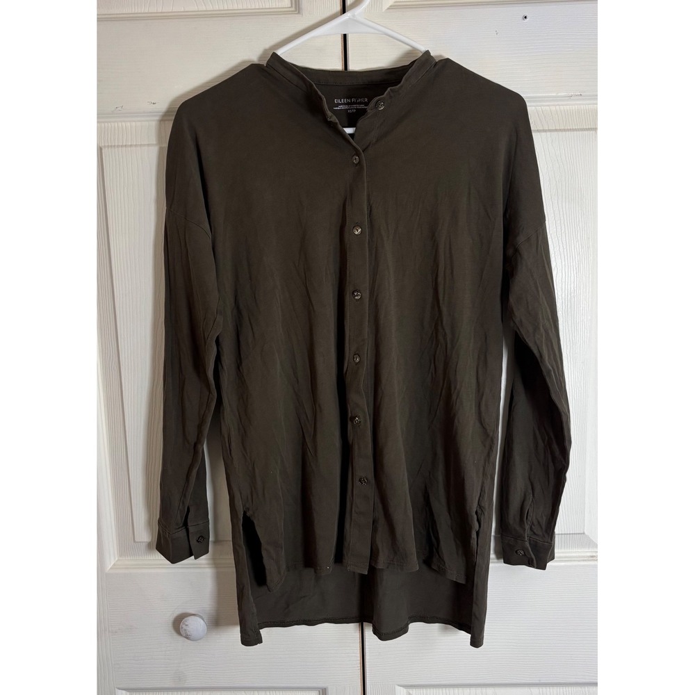 Eileen Fisher Organic Cotton Button Down Tunic Shirt Olive Green Size XS/TP